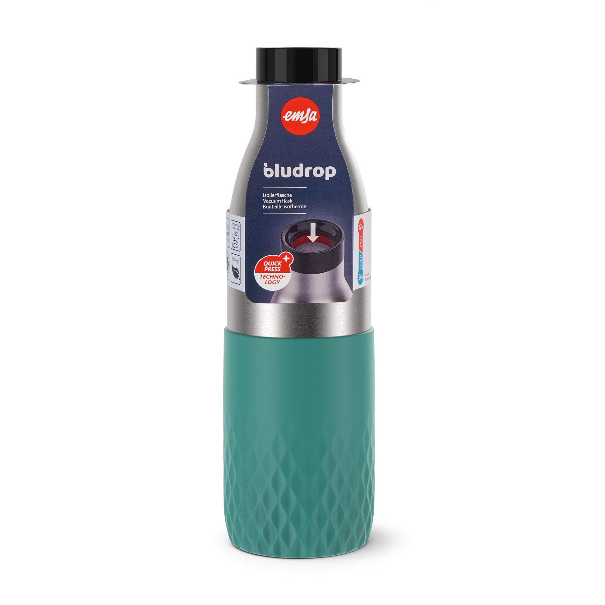 EMSA Bluedrop Isolierflasche 700 ml – Doppelwandig 12 h heiss/24 h kalt, Edelstahl, Druckknopfdeckel, Petrol