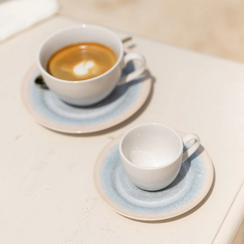 Lunasol Espressotasse – 8-teiliges Set, 90 ml, Ø 12,5 cm, Steingut, Sand/Blau