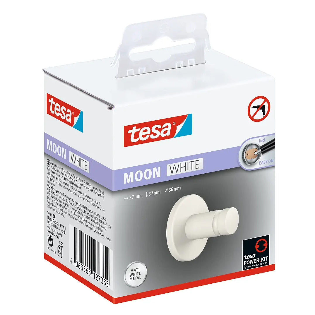 TESA Handtuchhaken MOON WHITE – Metall, 5 kg, Klebestreifen, 3,7×3,6×3,7 cm