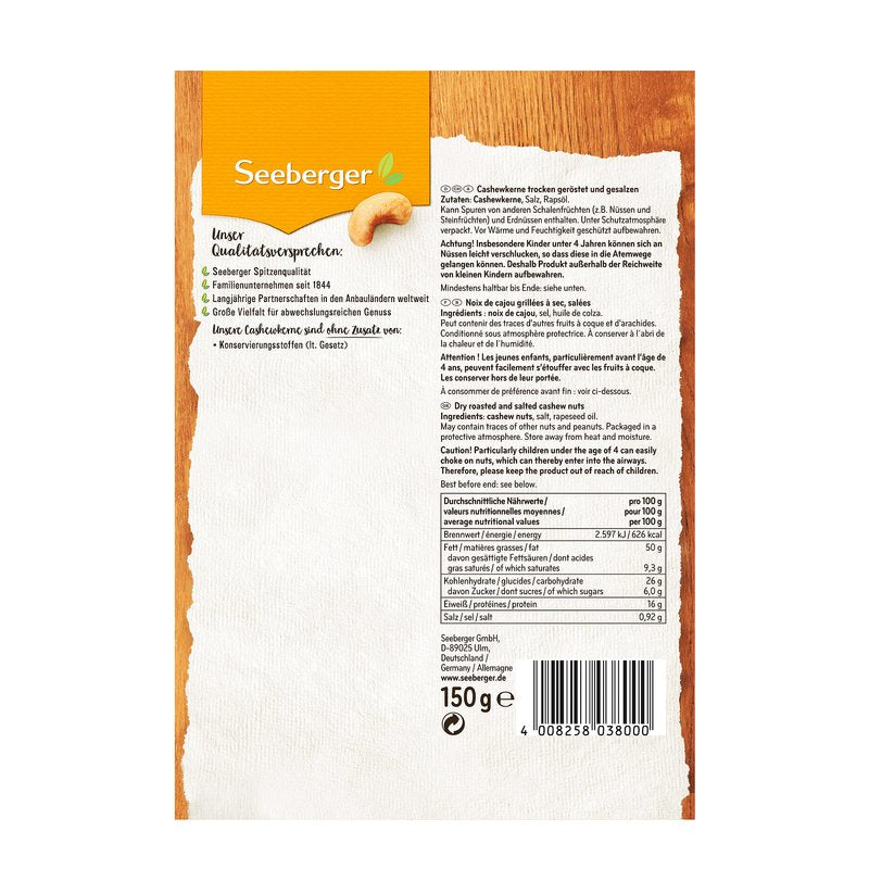 Seeberger Cashewkerne – geröstet & gesalzen – 150 g