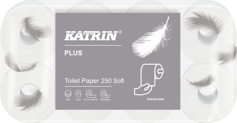 Katrin Plus Toilettenpapier – Recycling, 3-lagig, weiss, 400 Blatt/Rolle, 95 × 110 mm – 8 Rollen