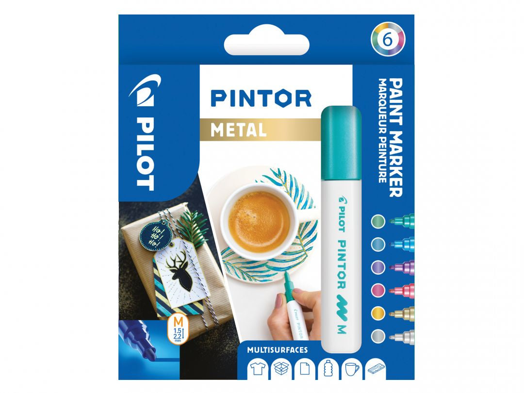 Pilot Pigment-Marker Pintor – Rundspitze 1,5-2,2 mm – Sortiert – 6er-Set – Für dunkle Oberflächen geeignet