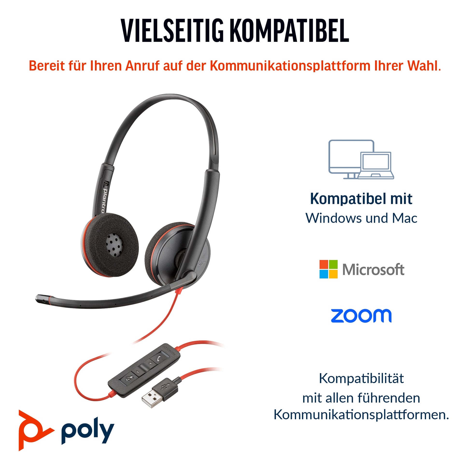 Poly Blackwire C3220 Office-Headset – On-Ear, Stereo, Kabel, USB-C, Schwarz