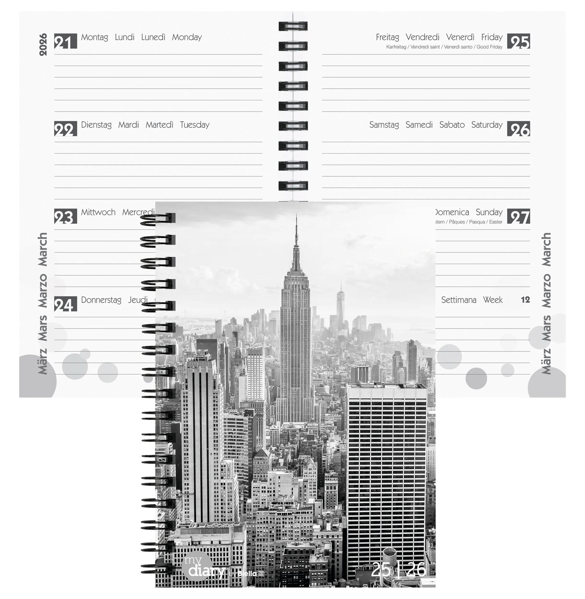 Biella mydiary Schüleragenda – 1 Woche/2 Seiten, Spiralbindung, 12 × 16,5 cm, Aug–Jul, City, FSC