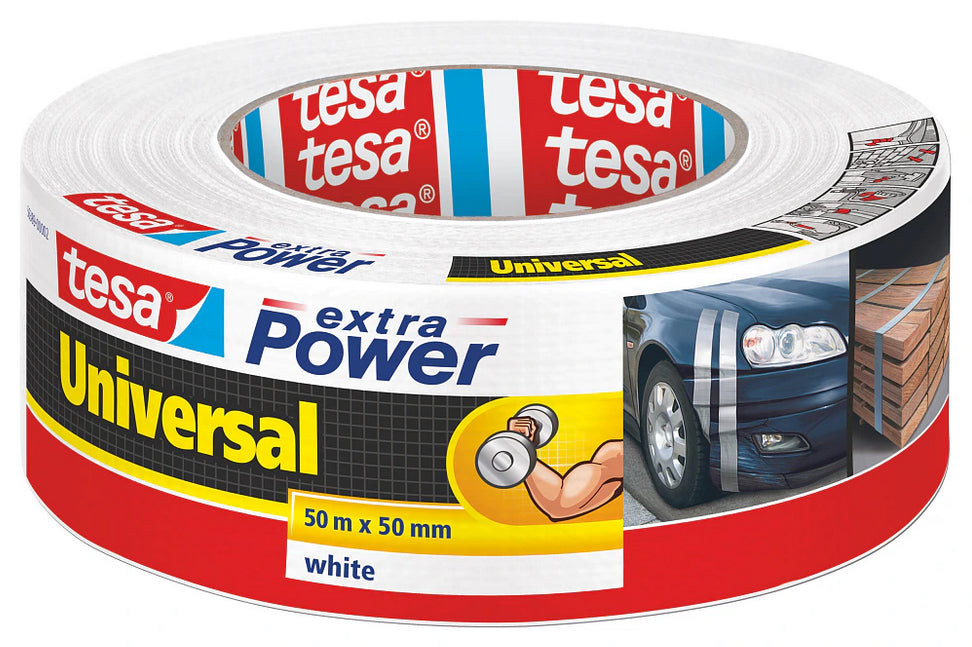 tesa Gewebeband Extra Power Universal – 50 mm × 50 m, weiss, extra stark, recycelt