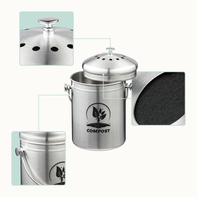 Relaxdays Komposteimer 10051224_55 – 5 l – Edelstahl, Oval – Schwarz/Silber – mit Geruchsfilter