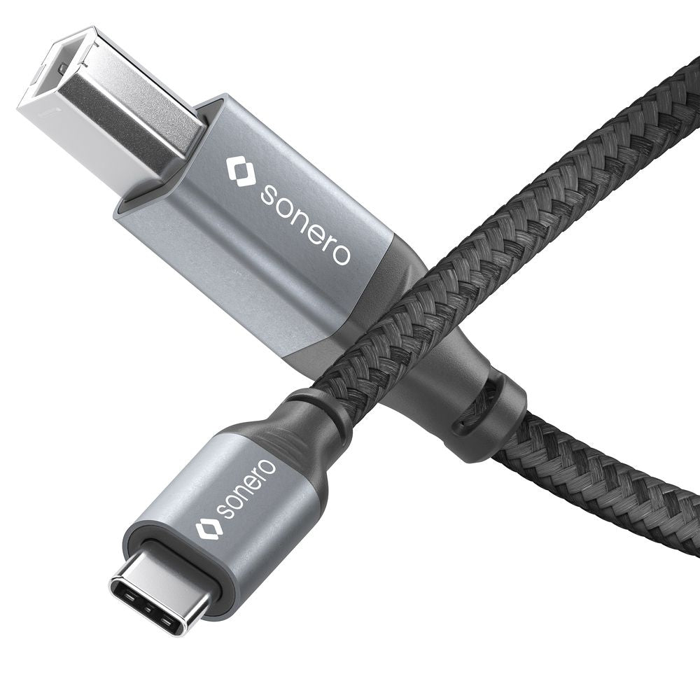 Sonero – USB-C auf USB-B Kabel – USB 2.0 (480 Mbit/s) – 3 m – Geflochten – Schwarz/Grau