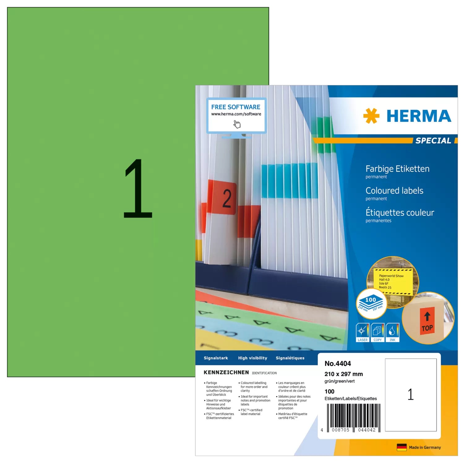 HERMA Druckeretiketten, 210 mm × 297 mm, grün, Papier, permanent, 100 Blatt
