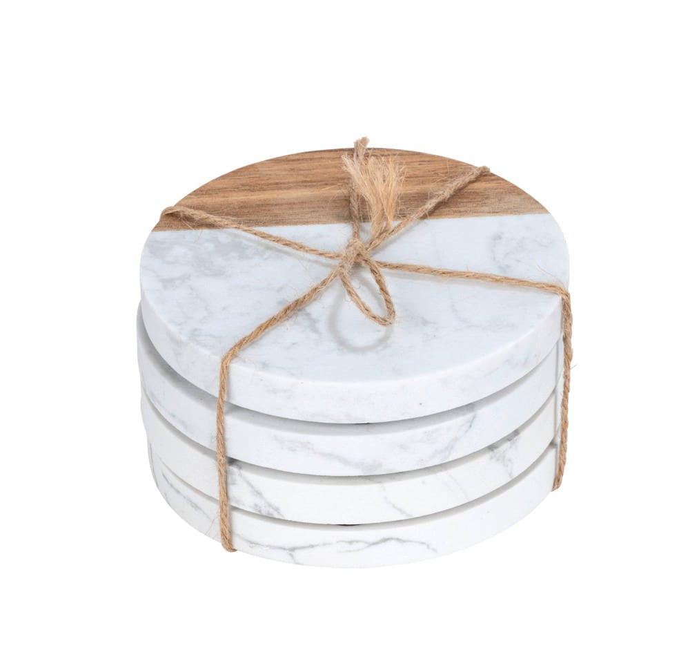 WENKO Untersetzer Marnie – Ø 10,0 cm, Marmor/Holz, Braun