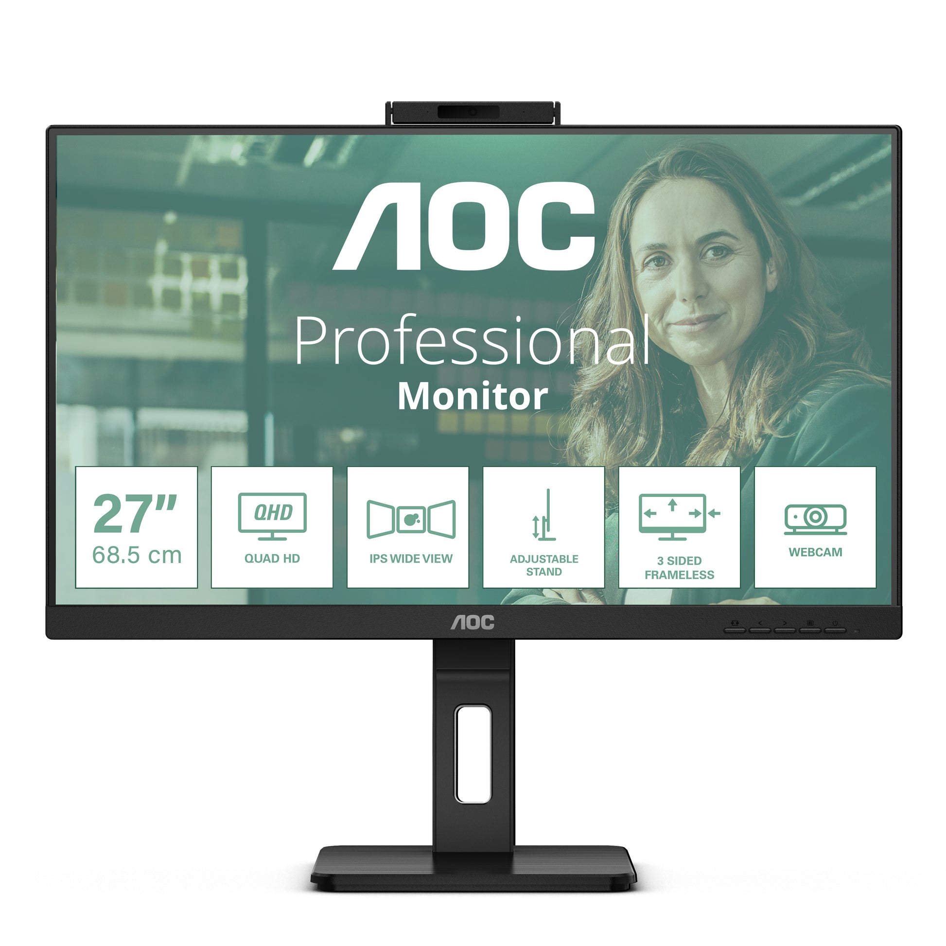 AOC Monitor, 27", 2560 × 1440 (WQHD), IPS, 75 Hz, 350 cd/m², Webcam, 4× USB 3.0, VESA 100 × 100, Schwarz
