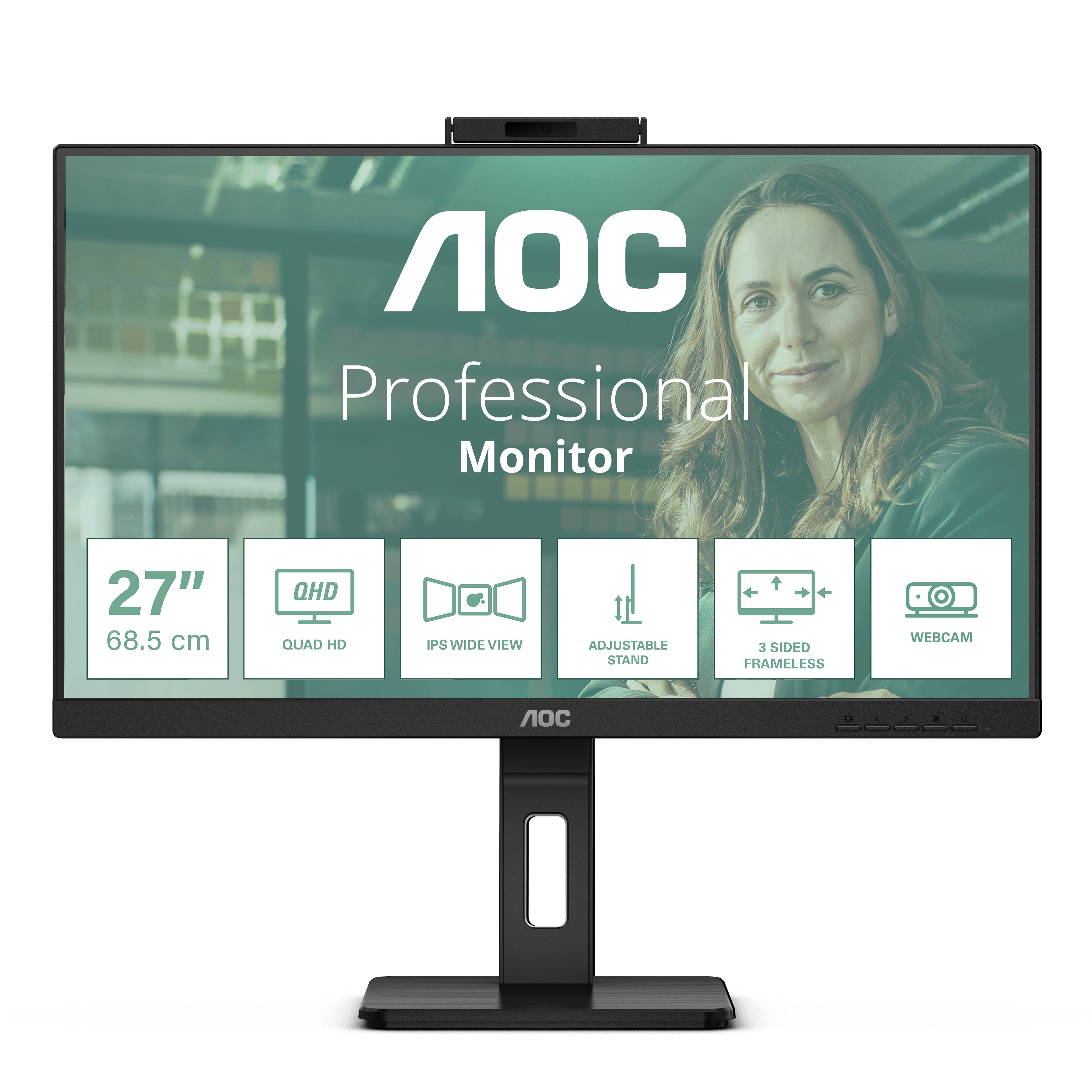 AOC Monitor, 27", 2560 × 1440 (WQHD), IPS, 75 Hz, 350 cd/m², Webcam, 4× USB 3.0, VESA 100 × 100, Schwarz