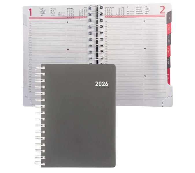 Biella Registra plus Agenda – 1 Tag pro Seite, Wire-O, 14,5 × 20,5 cm, 2026, 1/2-Stunden-Takt, Grau, FSC