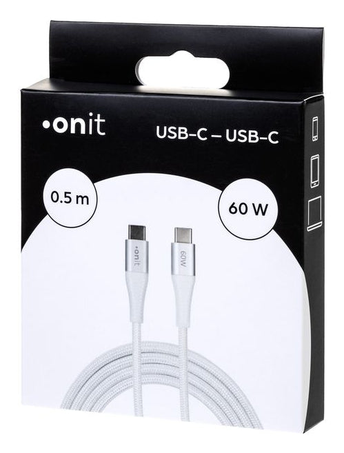 ONIT USB-C auf USB-C Kabel – USB 3.2 Gen 1 (5 Gbit/s) – 0,5 m – PD 60 W – Textilmantel, Nylon – Weiss