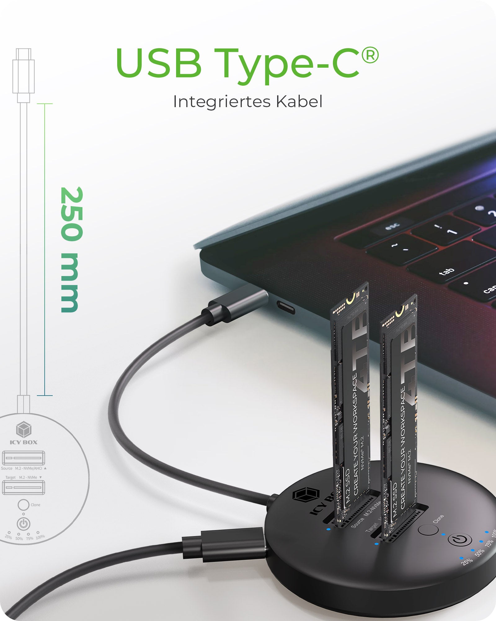 ICY BOX IB-1612MCL-C31 Dockingstation – USB-C, 2× M.2 NVMe, für Windows/Mac/Linux