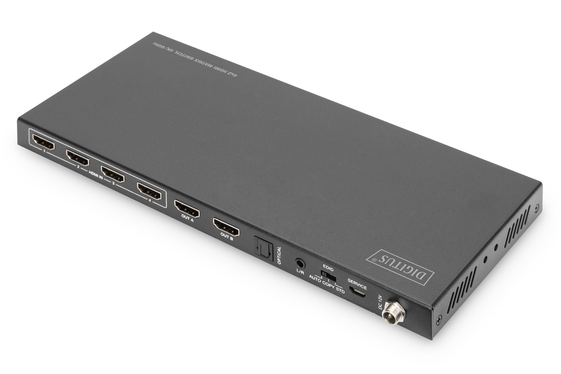 Digitus HDMI-Matrix-Switch – 4K UHD, 18 Gbit/s, HDMI 2.0, 4×2 – Schwarz, Metall