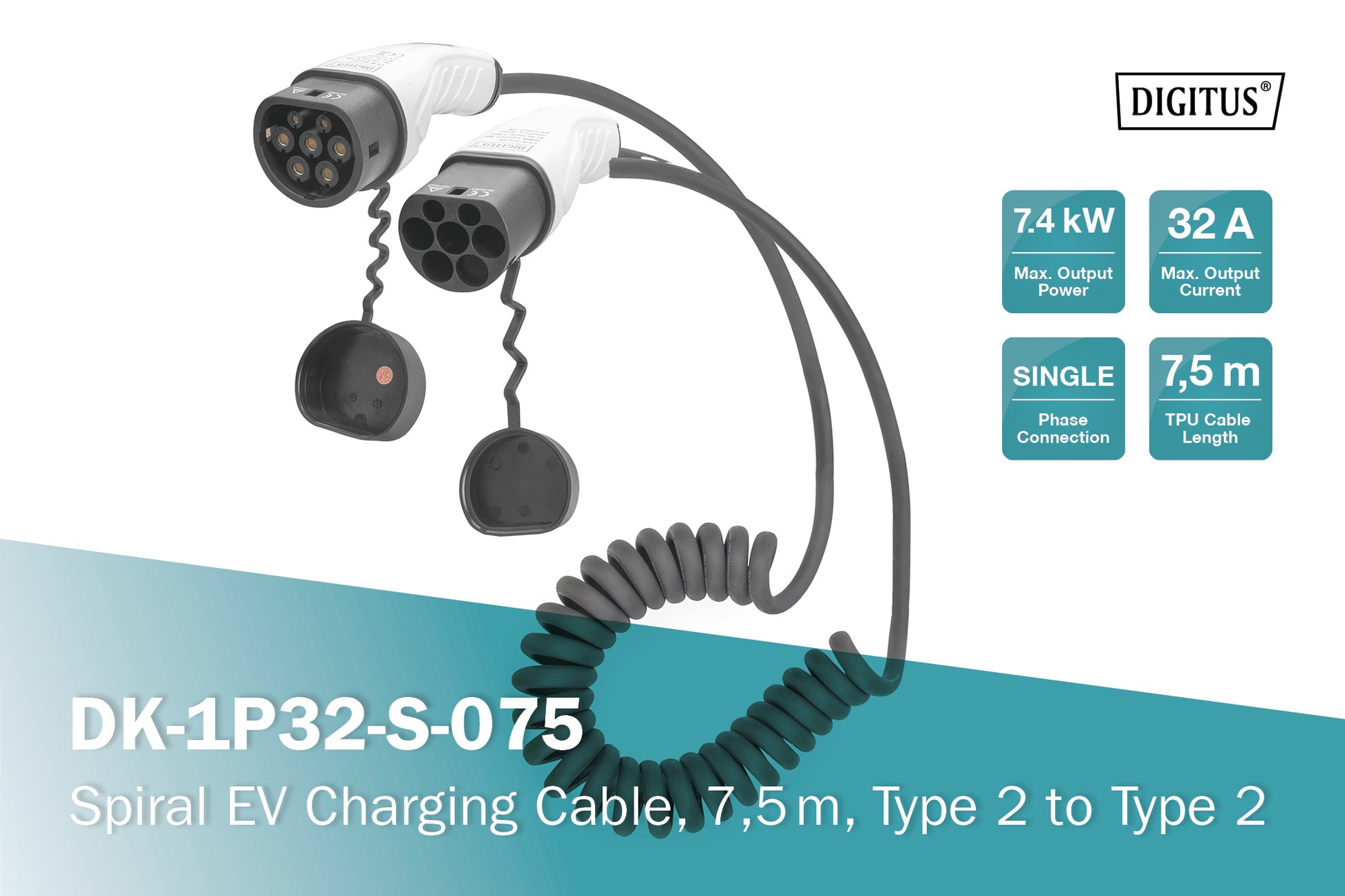 Digitus Typ 2 Stromkabel – Typ 2–Typ 2, 7,5 m, 240 V/32 A, einphasig, IP55, schwarz