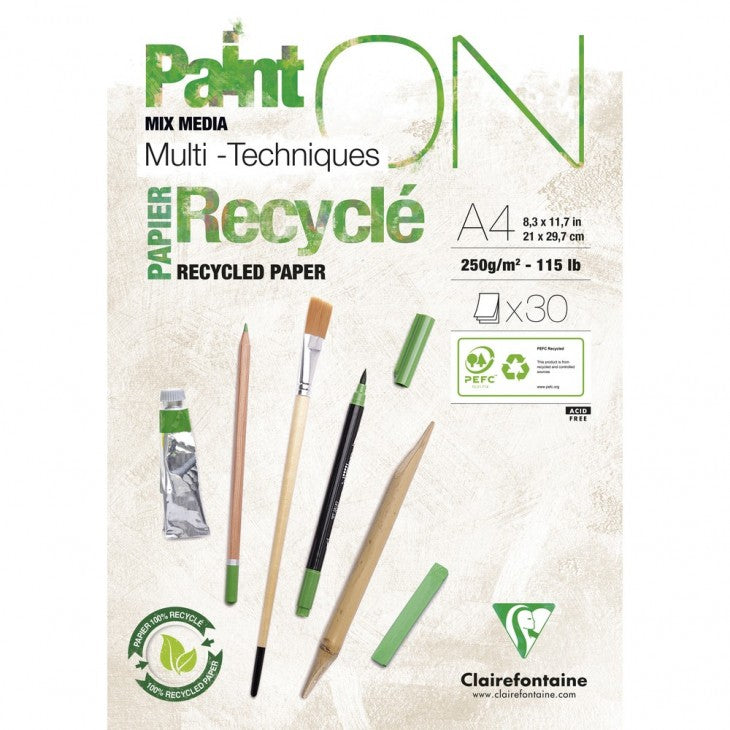 Clairefontaine PAINT'ON Recycelter Skizzenblock – A4 – 250 g/m² – geleimt – 30 Blatt, weiss, satiniert
