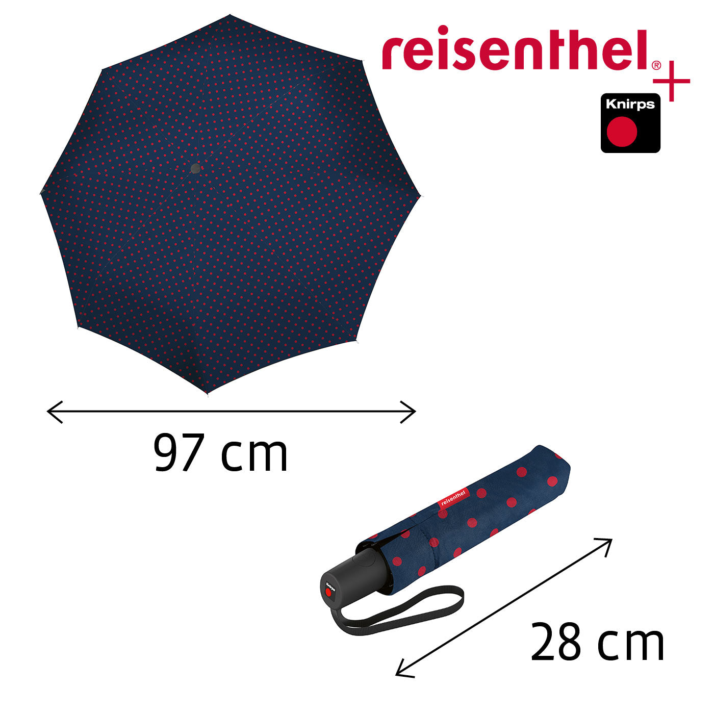 Reisenthel Taschenschirm – Automatik (auf/zu) – Ø 97 cm, L 28 cm – Mixed Dots Rot – Polyester