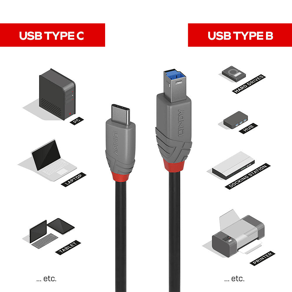 Lindy USB-Kabel, USB-C zu USB-B, 0,5 m, USB 3
