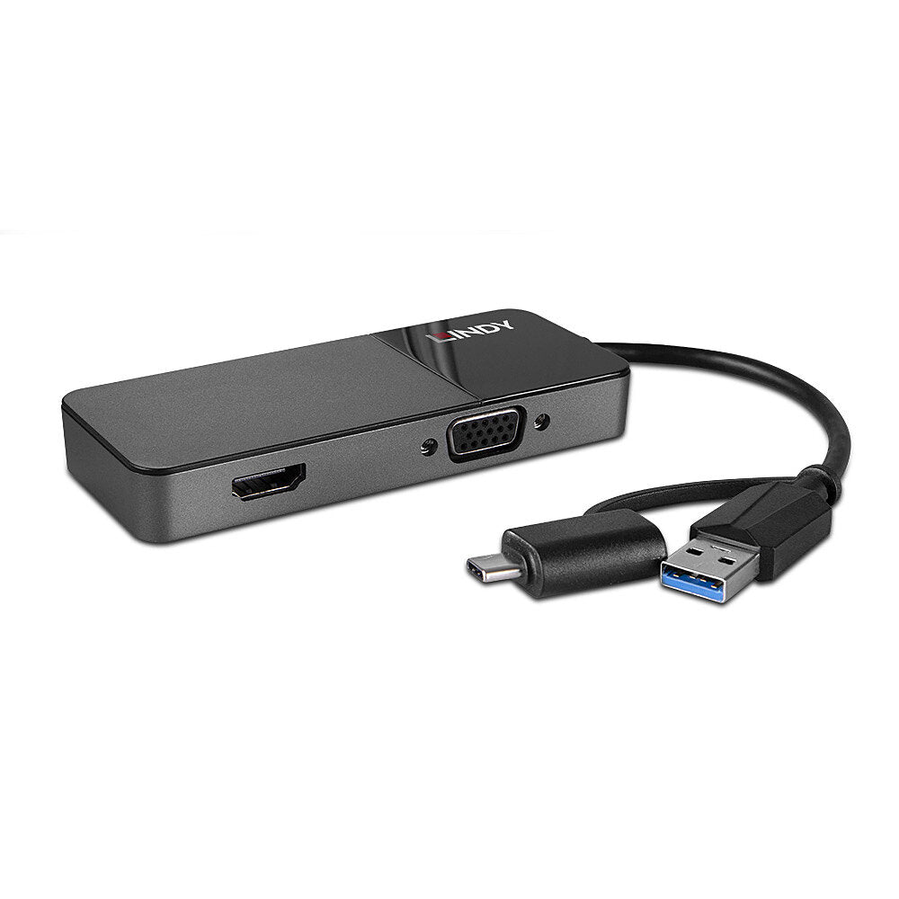 Lindy 43354 Adapter USB-C/USB-A zu HDMI und VGA – USB 3.2 Gen 1 (5 Gbit/s), HDMI 1.4, 60 Hz – Schwarz