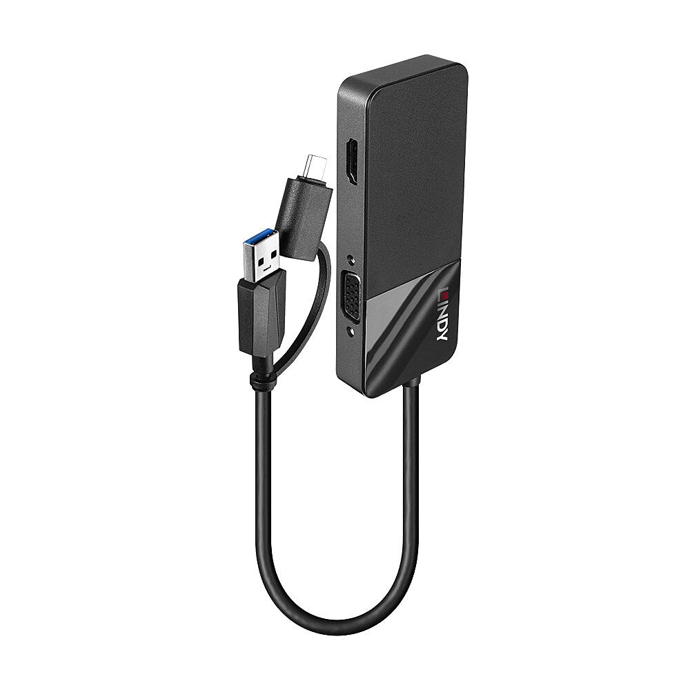 Lindy 43354 Adapter USB-C/USB-A zu HDMI und VGA – USB 3.2 Gen 1 (5 Gbit/s), HDMI 1.4, 60 Hz – Schwarz