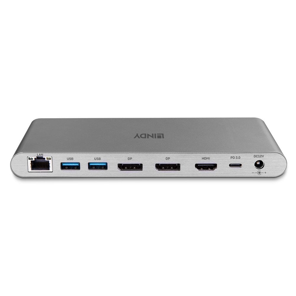 Lindy Dst-Pro 5K Dockingstation – USB-C, 2× DP, 1× HDMI, 3× USB-A, 1× USB-C, 100 W PD, GbE, SD/microSD