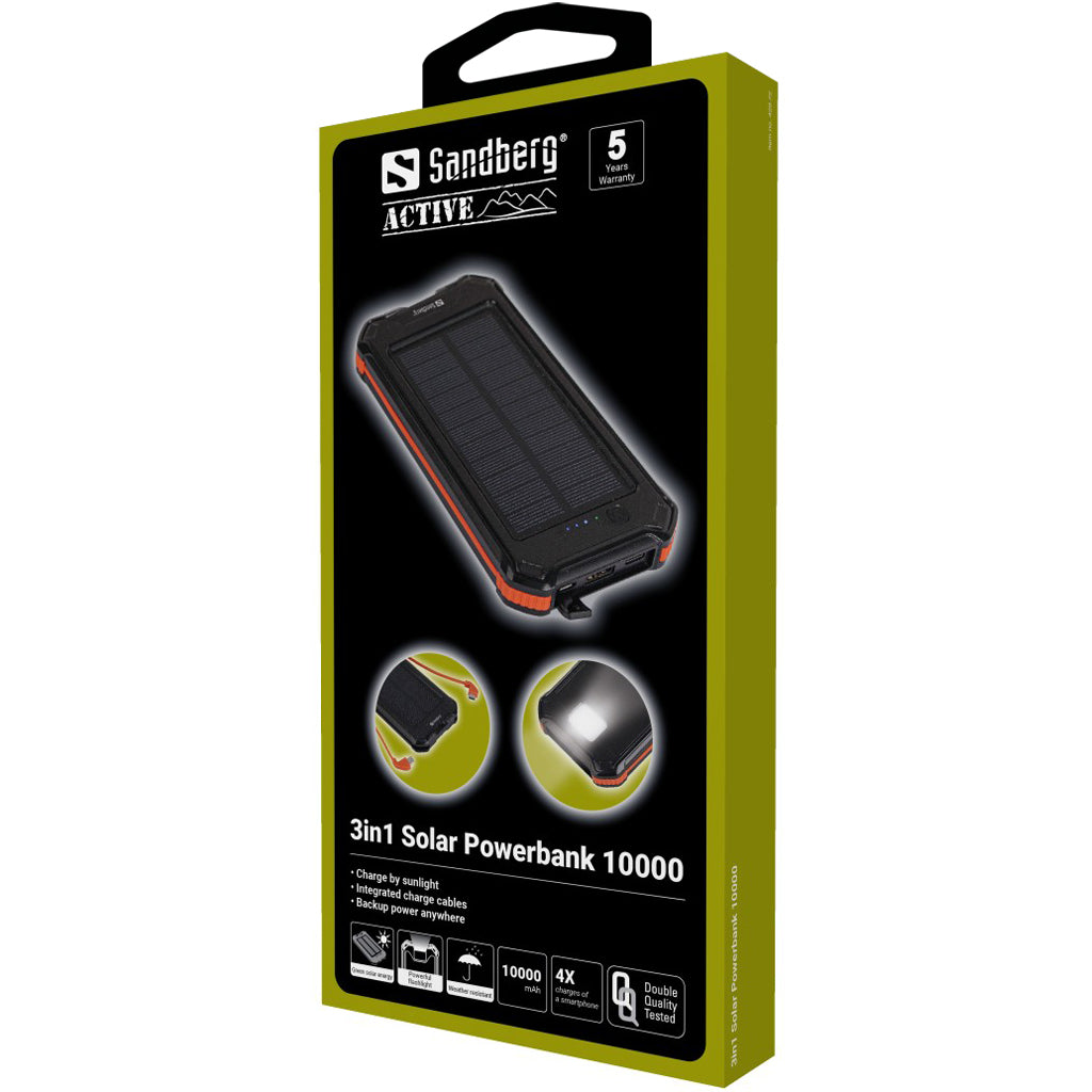 Sandberg Solar-Powerbank 10'000 mAh – 2× USB-C, 1× USB-A, schwarz