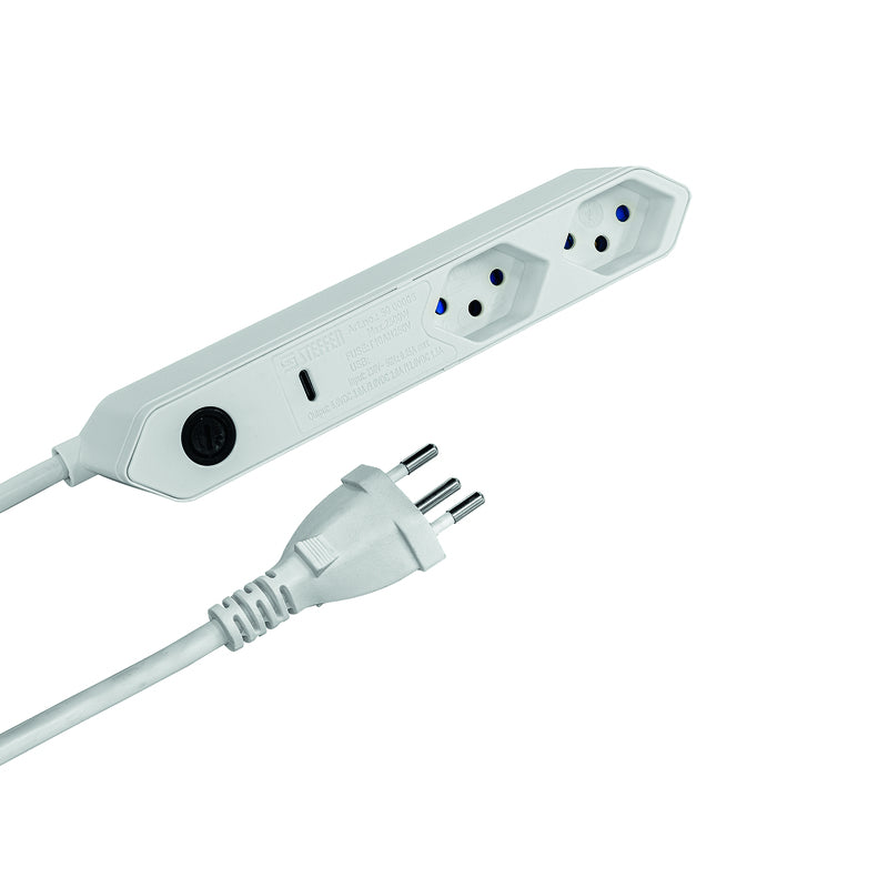 Steffen Steckdosenleiste IQ – 1,50 m, Kunststoff, Weiss, 2 x T13-Steckdosen, USB-C PD 18 W, Kinderschutz