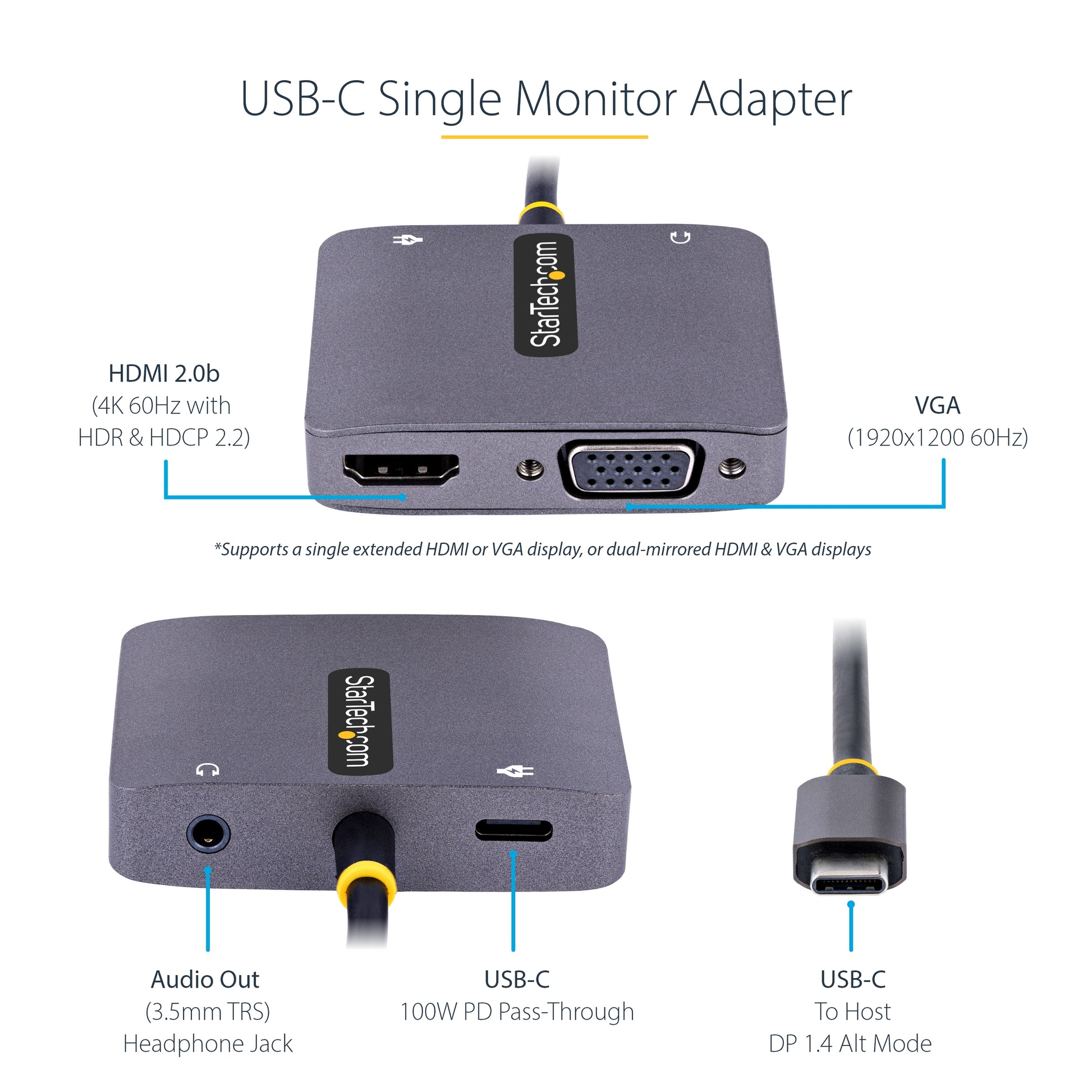 StarTech.com USB-C auf HDMI/VGA Adapter HDMI 2.0 4K 60 Hz – HDR – Grau – für USB-C/Thunderbolt 3/4