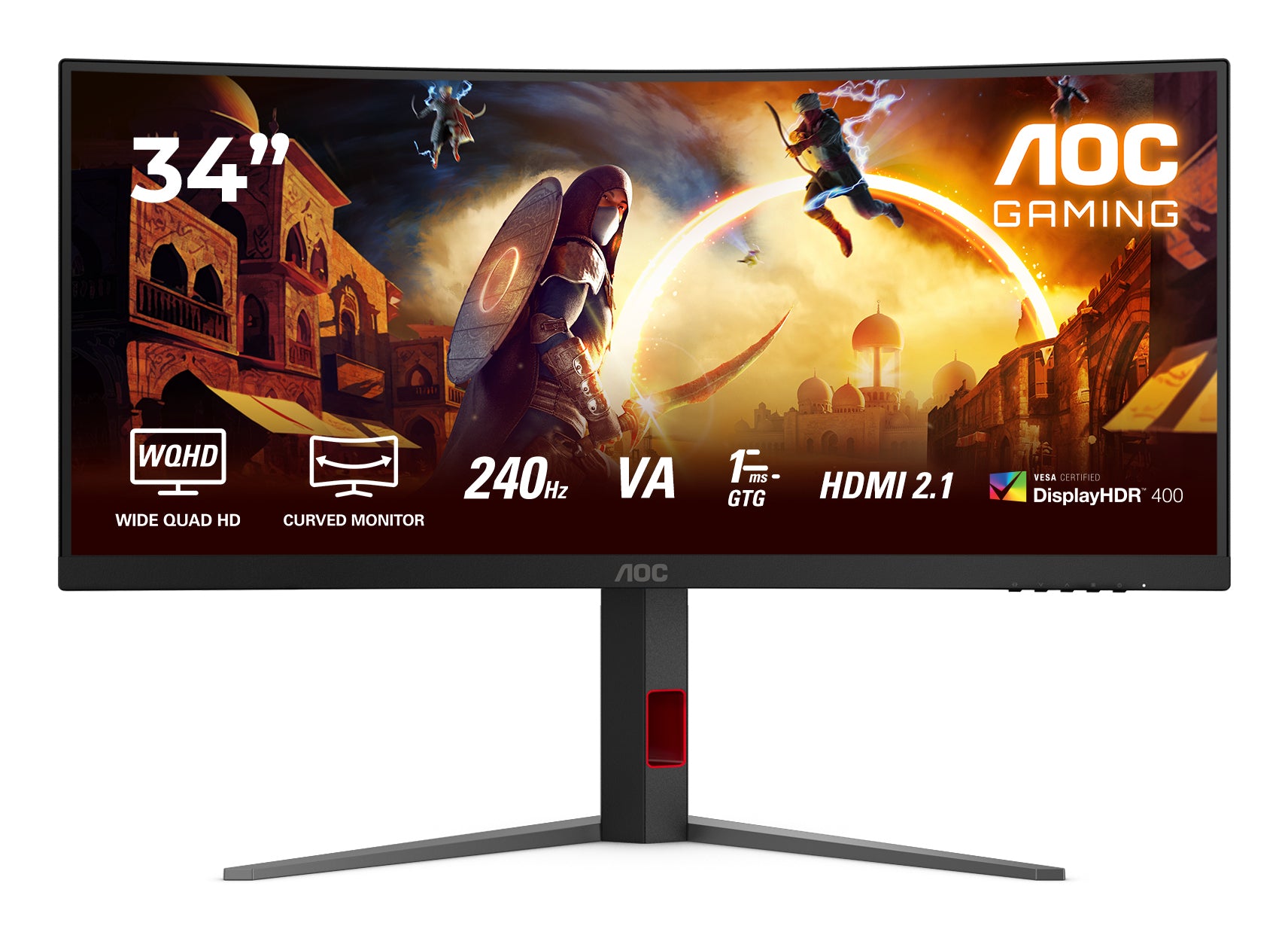 AOC CU34G4Z – Monitor, 34", VA, 240 Hz, 450 cd/m², Gebogen, USB-Hub, VESA 100 × 100, Schwarz