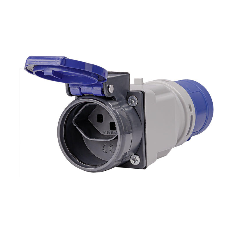 Steffen STEKO Reiseadapter CEE16/3 zu T23 – 16 A, 250 V, 3-polig (geerdet), Kurzadapter – Blau/Grau