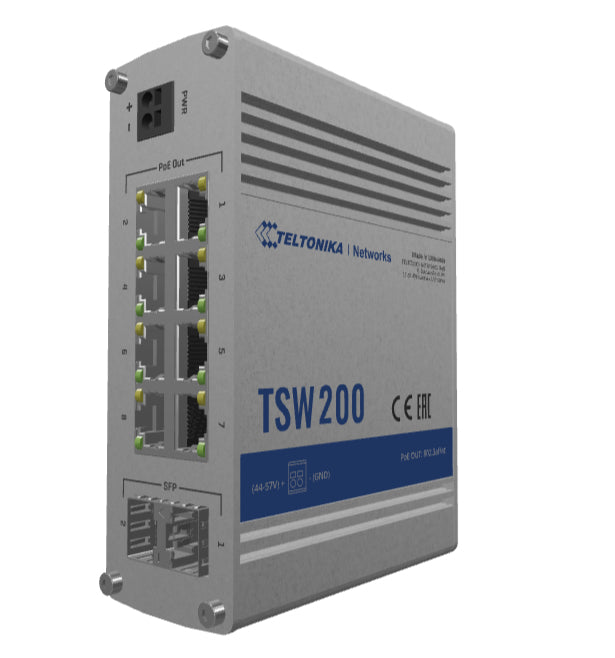 Teltonika TSW200 – Unmanaged Switch – 8× 1G, 2× SFP, PoE+, PoE-Budget 240 W, 19"