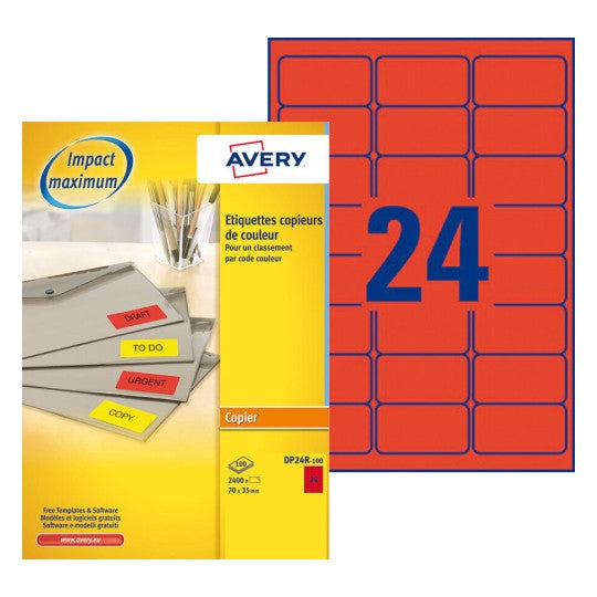 Avery DP24R-100 – Etiketten A4 35 × 70 mm – Papier, rot – permanent haftend – 24 pro Blatt, 100 Blätter (2'400 Stk)