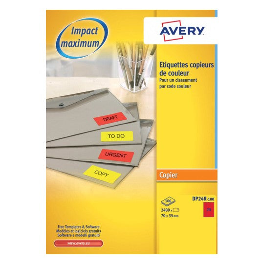 Avery DP24R-100 – Etiketten A4 35 × 70 mm – Papier, rot – permanent haftend – 24 pro Blatt, 100 Blätter (2'400 Stk)