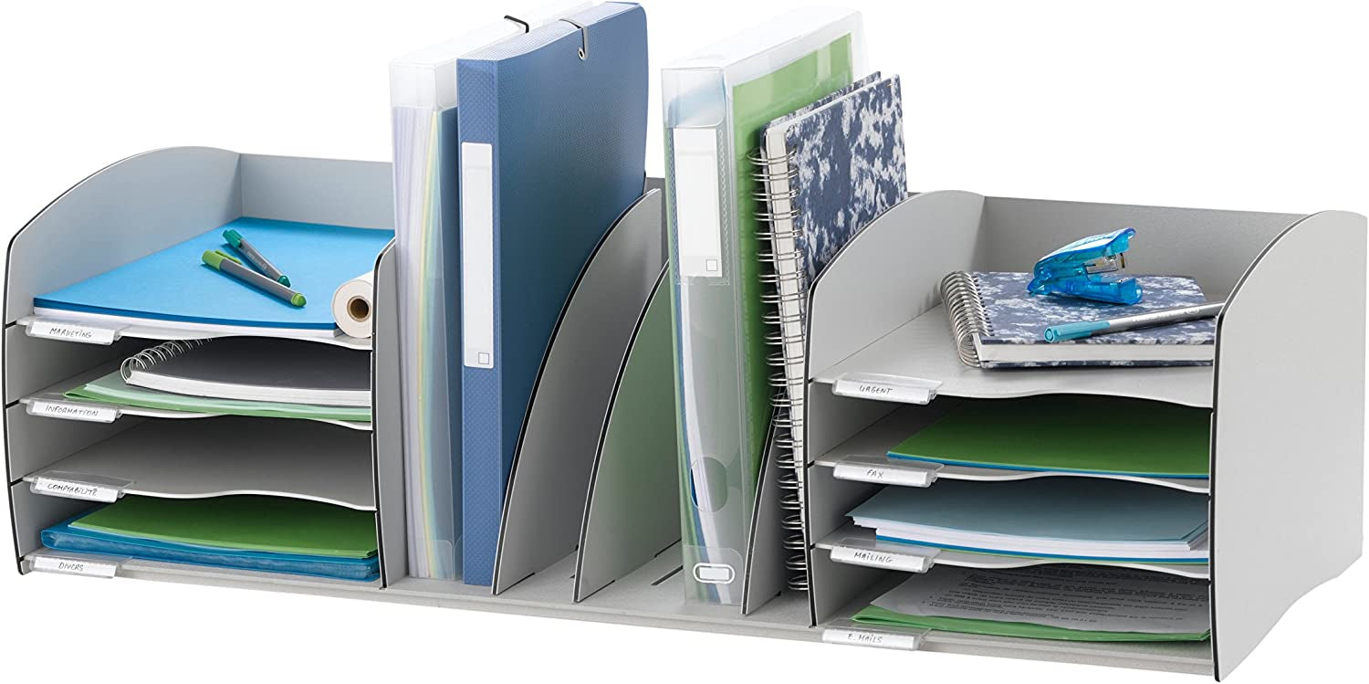 PaperFlow Aufbewahrungsbox – 8 Fächer, mit Etikettenhalter, Grau, Polystyrol (PS), B 795 × H 245 × T 340 mm