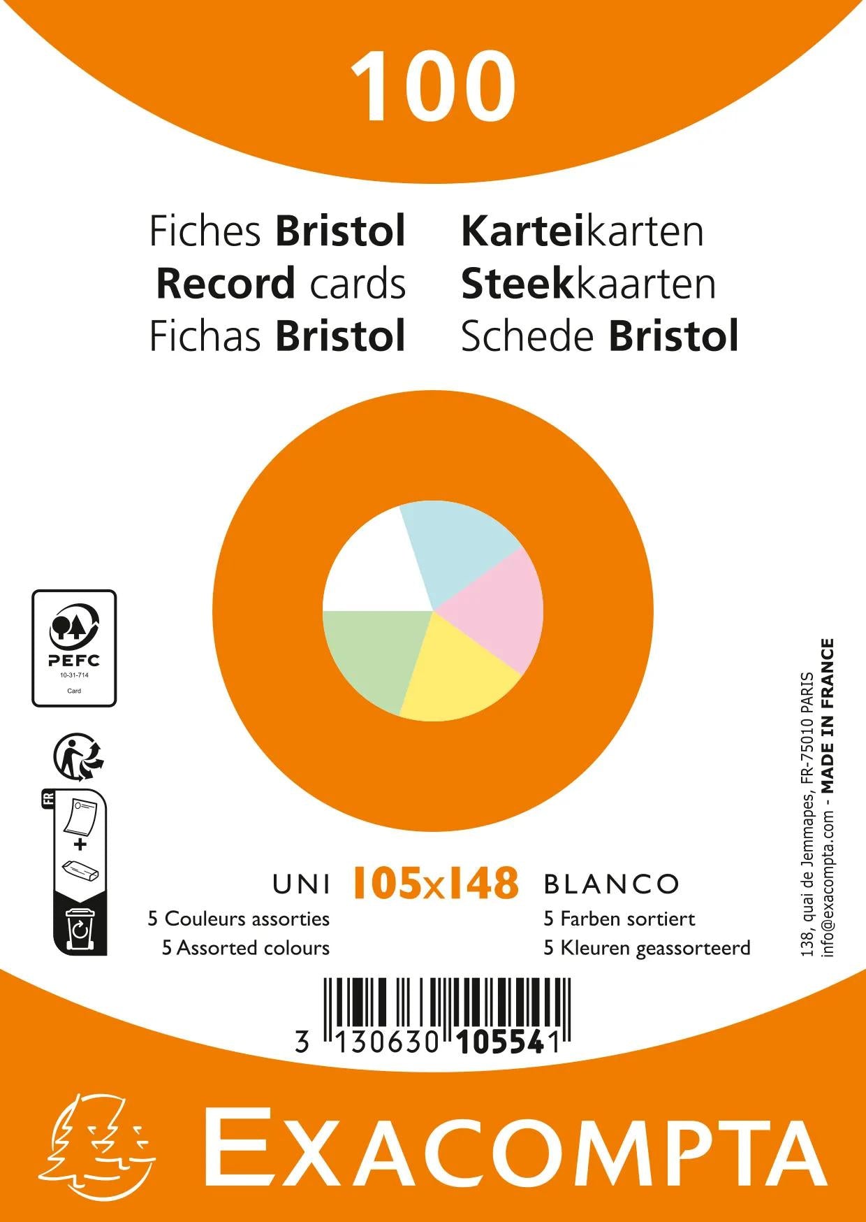 Exacompta Karteikarte A6 quer, blanko, farbig sortiert, 205 g/m², Karteikarton – 100 Stück