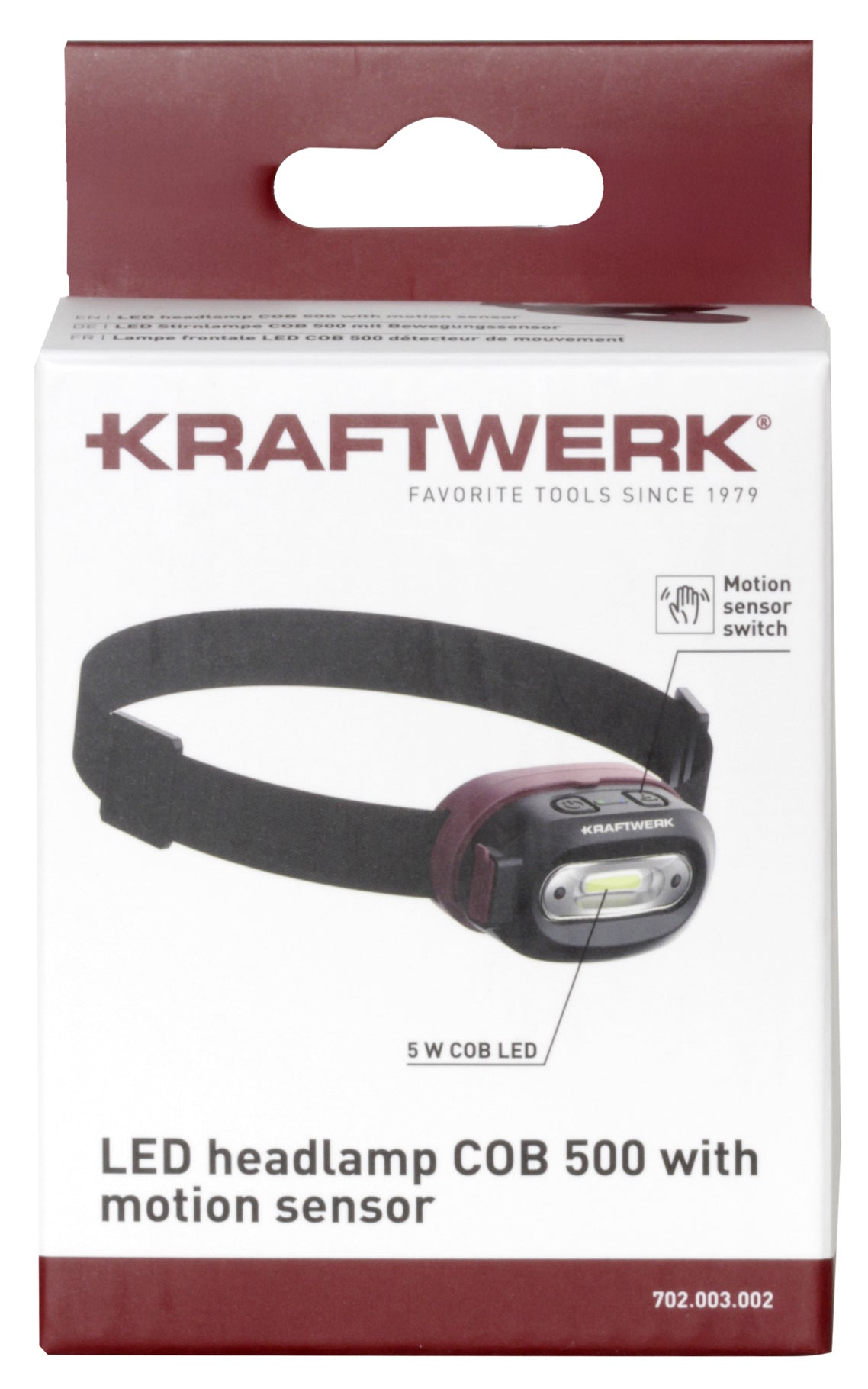 KRAFTWERK Stirnlampe COB 500 – 500 lm, IP44, Laufzeit 2,5 h – Schwarz