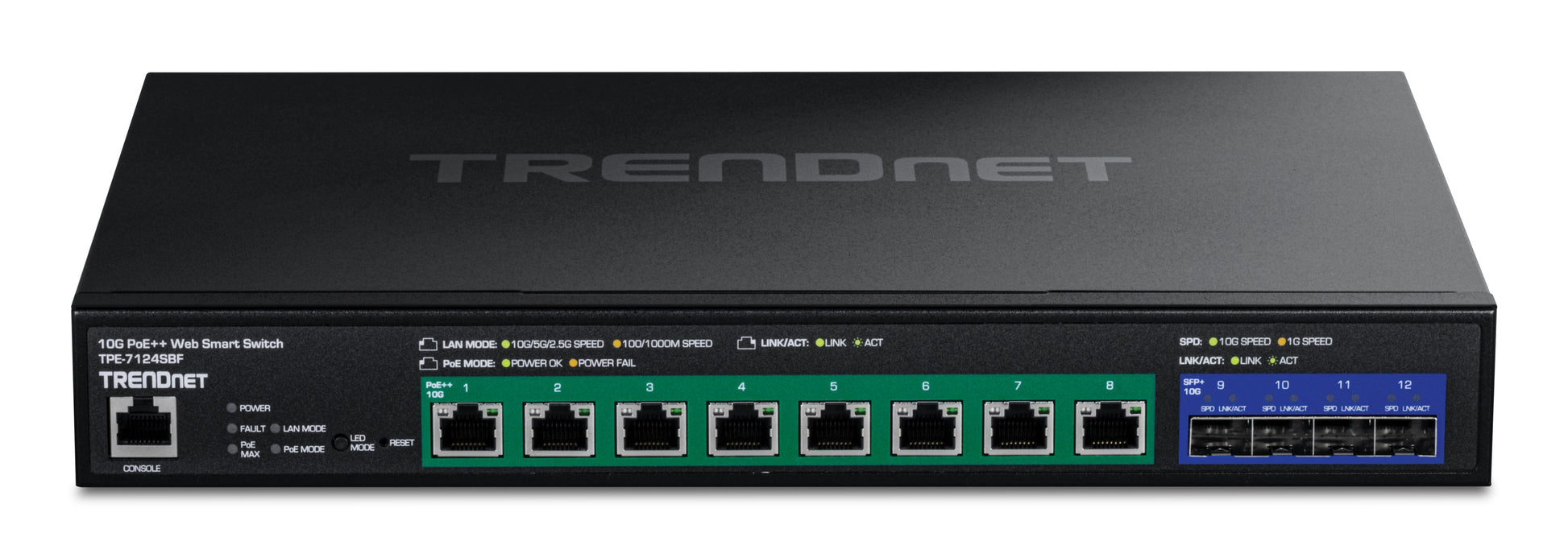 Trendnet TPE-7124SBF – Verwalteter L2/L3 Switch – 8× 10G, 4× SFP+, PoE++, PoE-Budget 720 W, 19", 1U