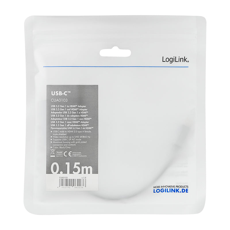LogiLink USB-C auf HDMI Kabel – HDMI 2.0 – 4K 60 Hz – 0,15 m – für USB-C Geräte (DP/HDMI Alt Mode)