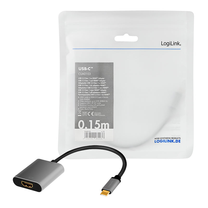 LogiLink USB-C auf HDMI Kabel – HDMI 2.0 – 4K 60 Hz – 0,15 m – für USB-C Geräte (DP/HDMI Alt Mode)