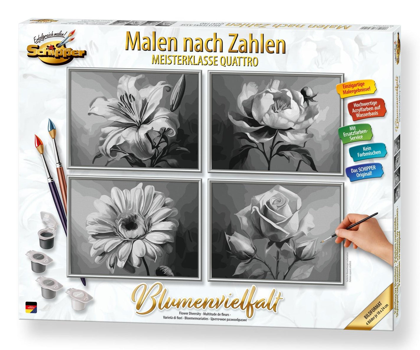 Schipper Blumenvielfalt – Malen-nach-Zahlen-Set – Blumenmotiv – 4-teilig, je 24 × 18 cm – ab 14 Jahren