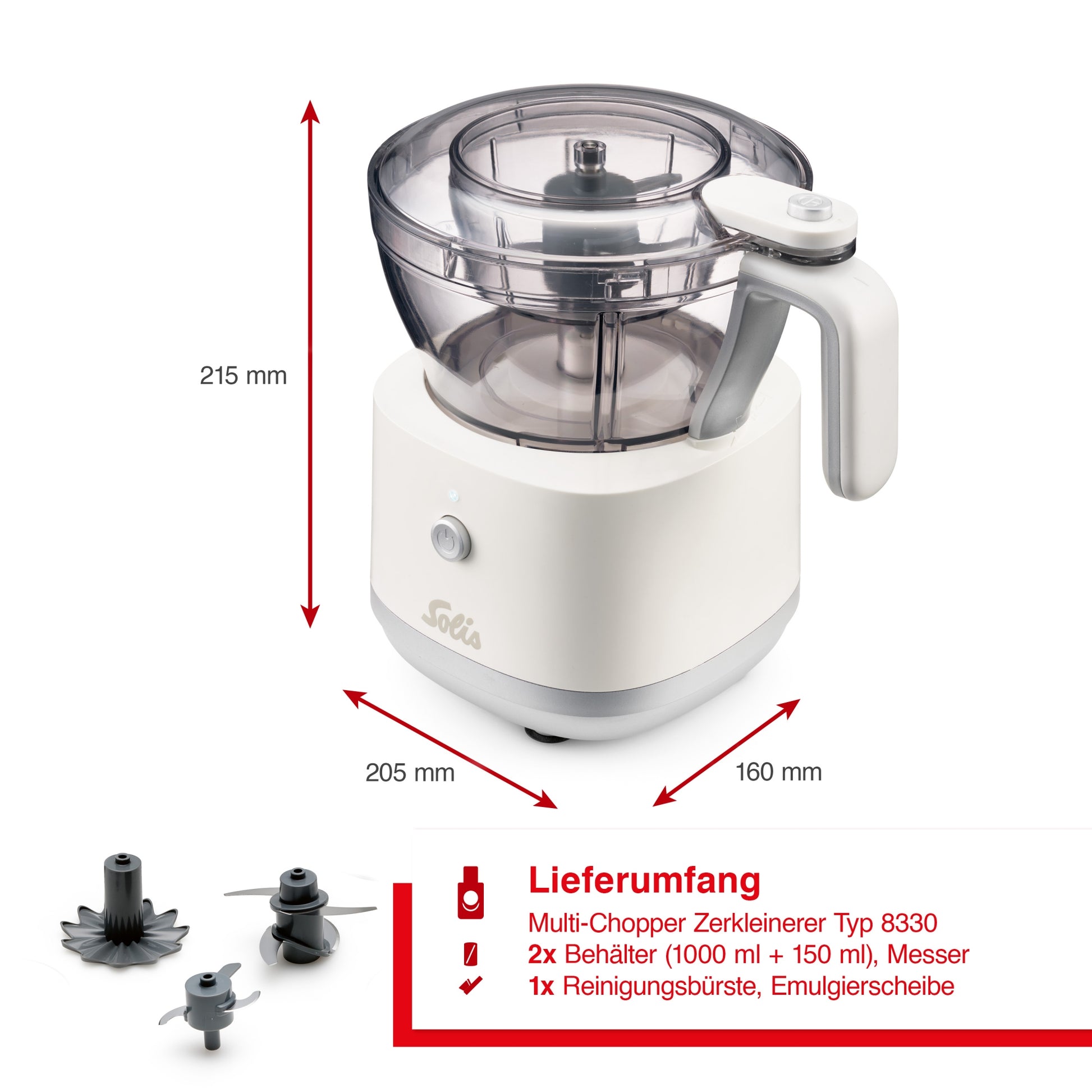 Solis Multi Chopper Typ 8330 – 1 l, 200 W, 5 Klingen, spülmaschinenfest – weiss