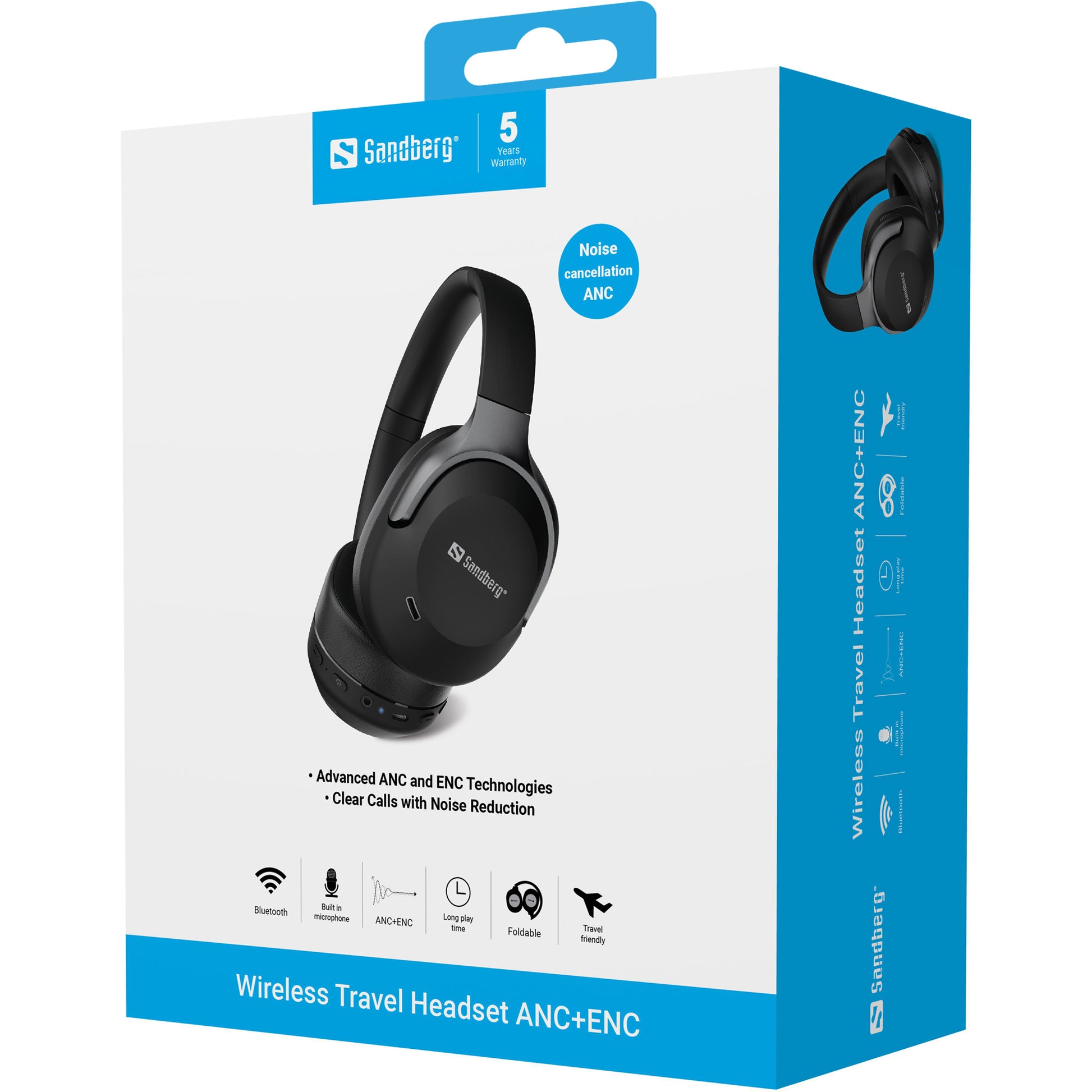 Sandberg Wireless Travel Headset Over-Ear Kopfhörer – Stereo, BT 6.0, ANC, Schwarz