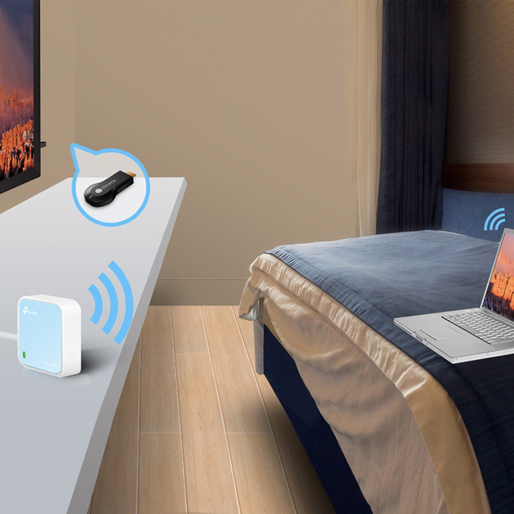 TP-Link TL-WR802N – Mini-WLAN-Router, Wi-Fi 4, 2,4 GHz, 300 Mbit/s, 1× Fast Ethernet, USB, Blau/Weiss