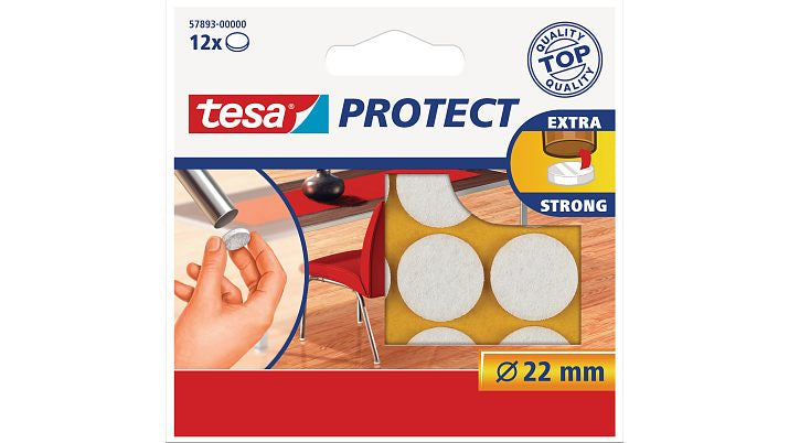TESA Protect Filzgleiter Ø 22 mm rund – Filz – weiss – 12 Stück, selbstklebend, individuell zuschneidbar