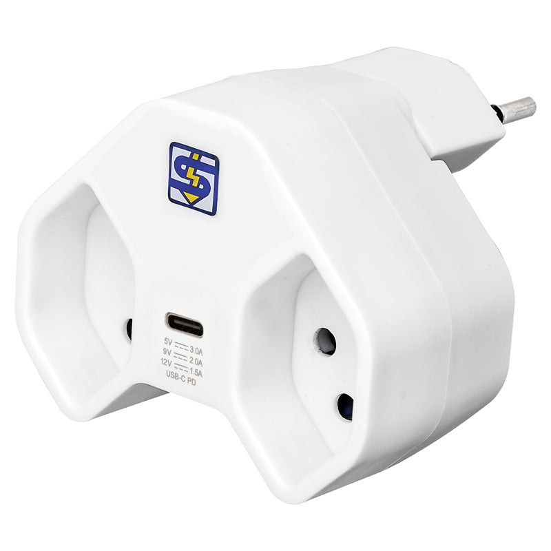Steffen Reiseadapter T12 zu 2×T13 + USB-C – 250 V, 10 A, 2500 W, Kinderschutz, drehbar, Weiss