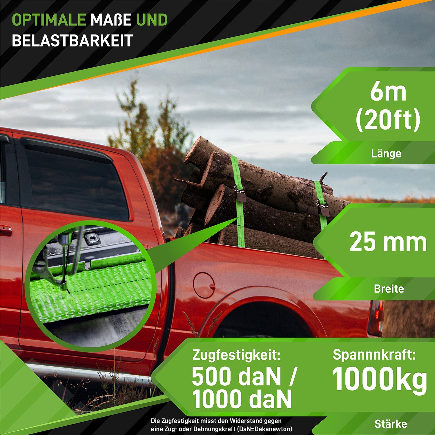 HARDTWERK Schlaufenband 6'000 × 25 mm, Polyester, grün, mit Schnalle, bis 1000 kg, 4 Stk.