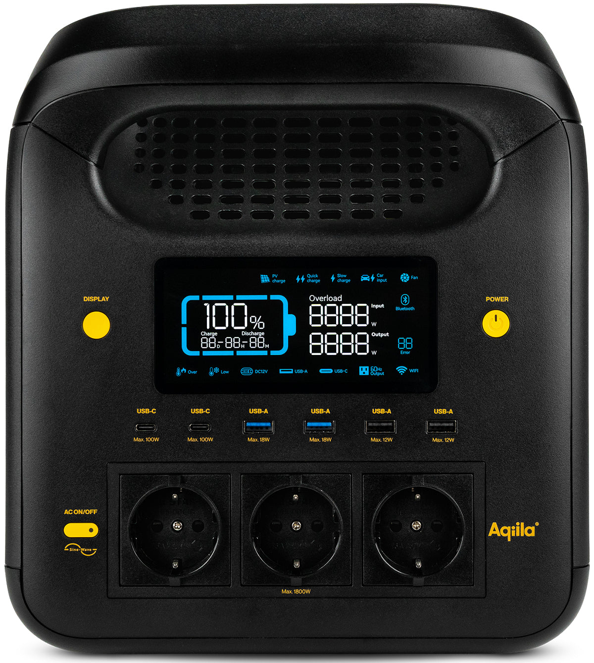 Aqiila Powerbird S1800 – Powerstation, 1'229 Wh, 3'000 W AC, LiFePO4, 3× Schuko (Typ F), Räder, LCD