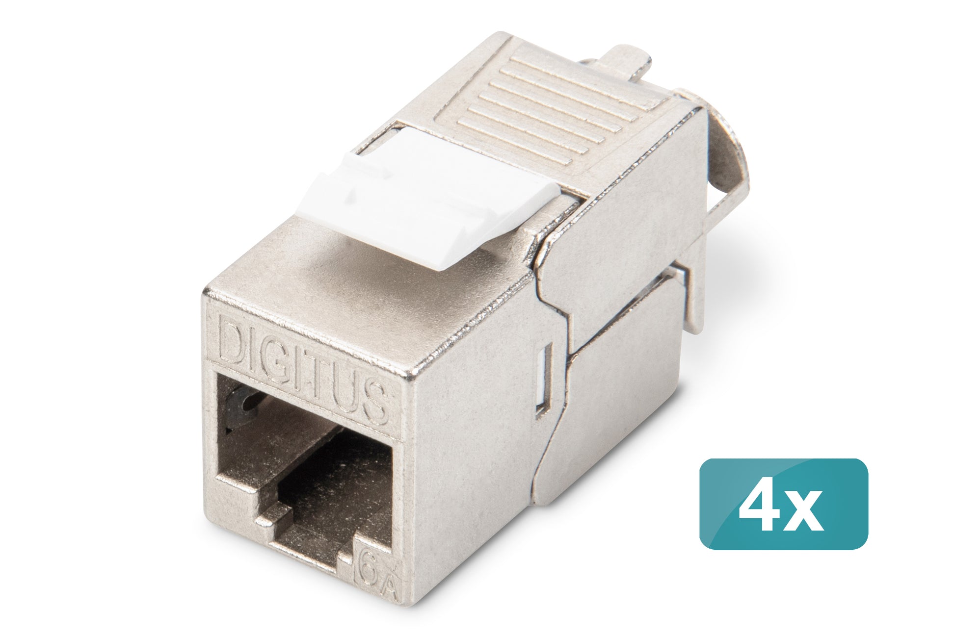 Digitus Keystone-Modul – Cat6a, geschirmt, werkzeugfrei, RJ-45 (LSA, weiblich), flach, silber, 4er-Pack