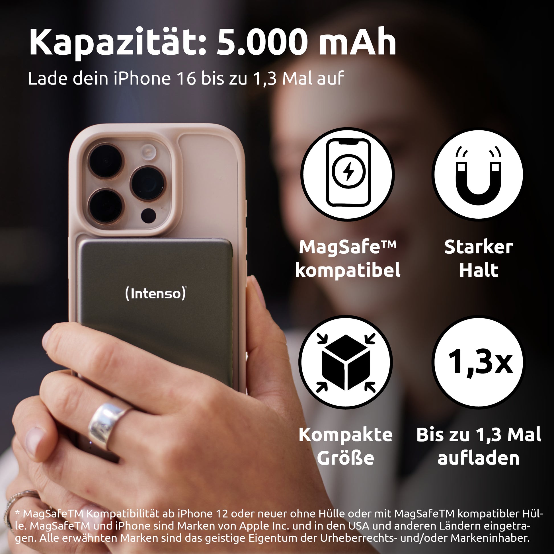 Intenso MW5000 MagSafe Powerbank 5'000 mAh – 20 W PD, Wireless 15 W, 1× USB-C, Grau